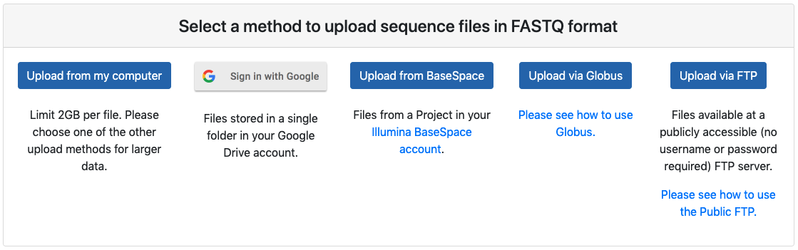 Screenshot of upload options panel with from local, Globus, Google Drive, BaseSpace and FTP buttons