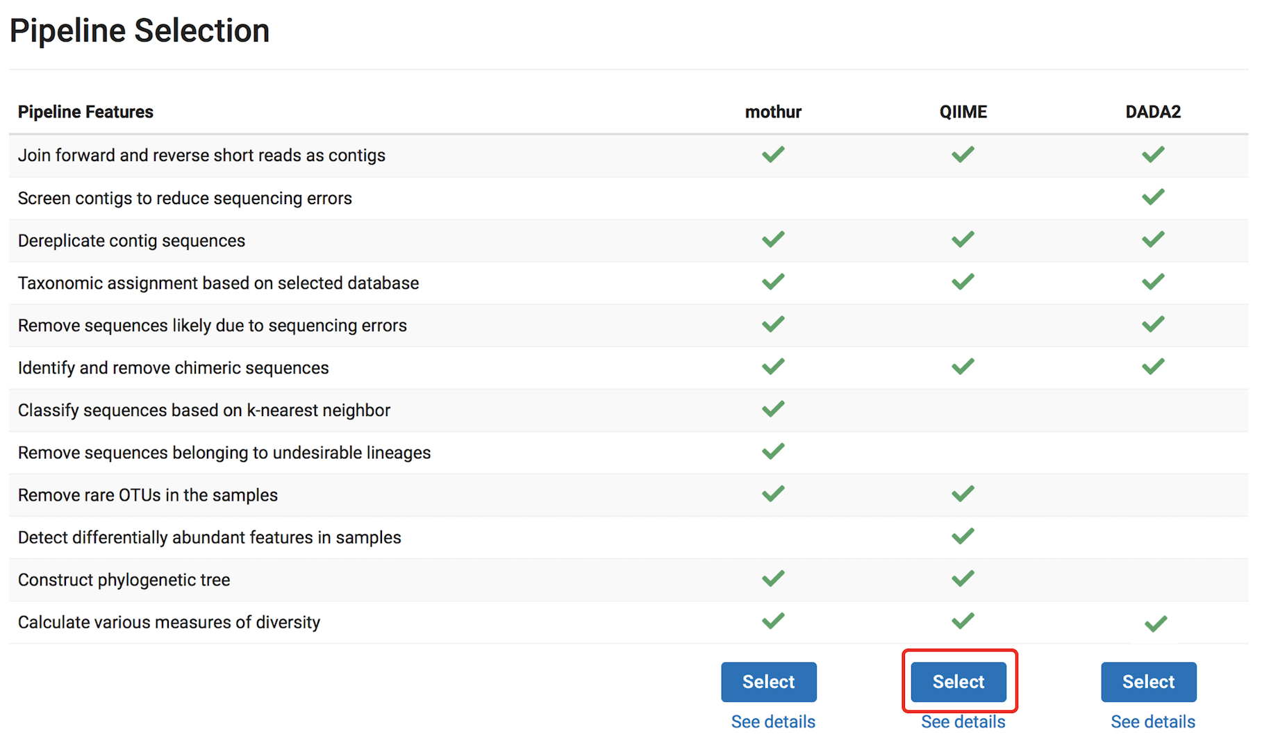 Screenshot of the pipeline selection page