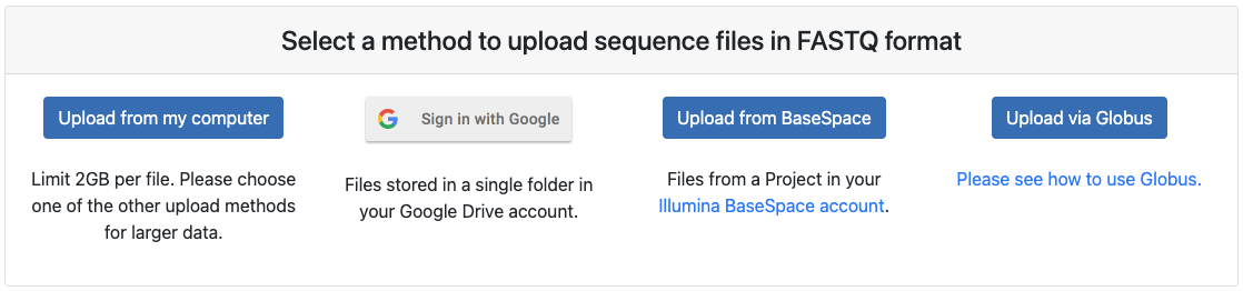 Screenshot of upload options panel with from local, Globus, Google Drive, BaseSpace
